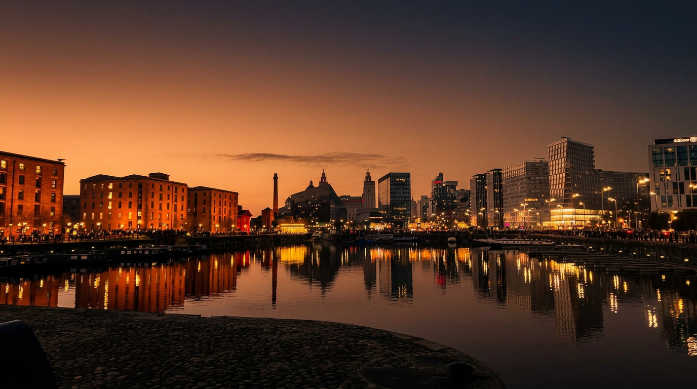 Liverpool's Royal Albert Dock and waterfront skyline reflected in the dock water at sunset